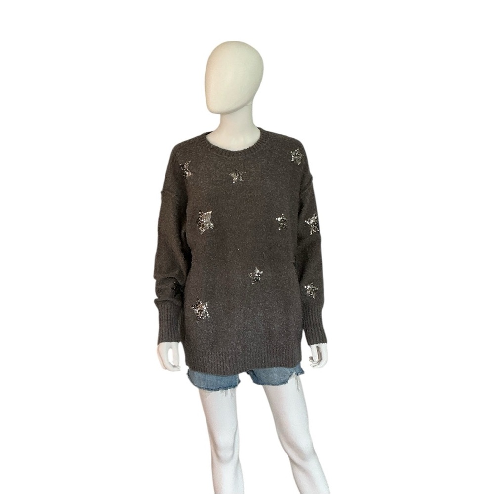 PEACH LOVE CALIFORNIA ever so soft sequin star charcoal sweater sz S M L - Picture 7 of 9